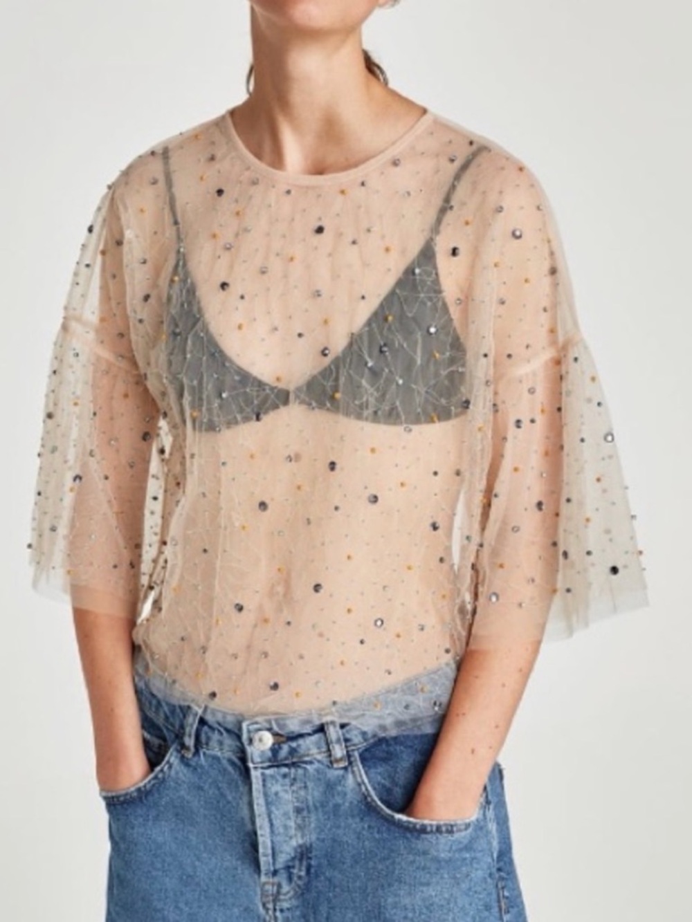 Zara Tulle Blouse featuring multi-colored jewel and bead appliqués. Size L - Picture 4 of 10
